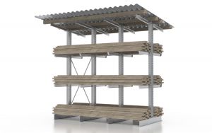 Kragarmregal mit Dach für Holzlagerung, beidseitig nutzbar, H4000xB4600xT1000 mm, 3 Lagerebenen, Armlast 500 kg, feuerverzinkt